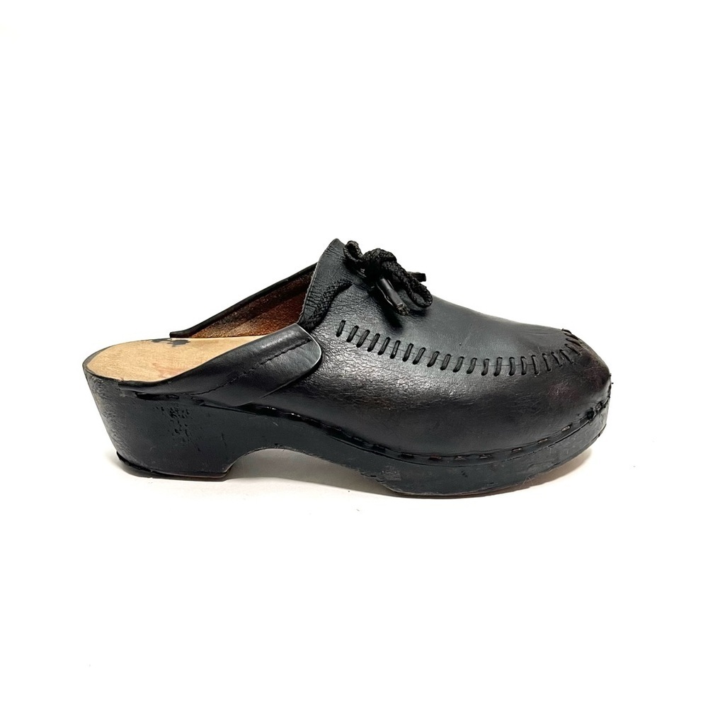 Vintage 1970s Black Leather Moccasin Stitched Slip On Platform Wooden Clogs